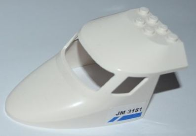 Lego Aircraft Fuselage Forward Top Curved 6 x 10 x 4 with 3 Window Panes with Blue Line and 'JM 3181' Pattern on Both Sides (Stickers) - Set 3181