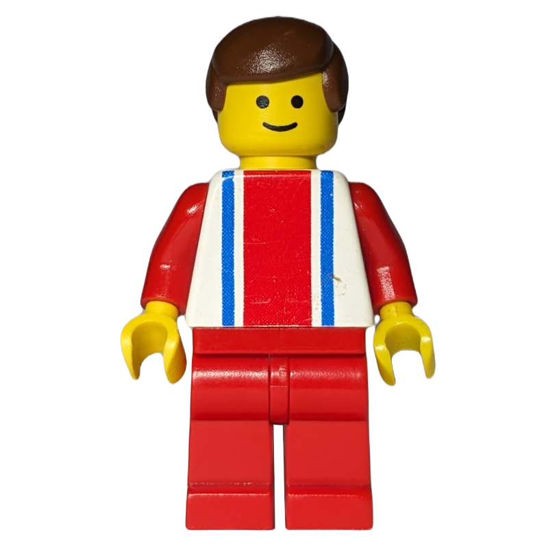 Lego Man, White Top with Large Red Stripe and 2 Blue Stripes, Red Legs, Brown Hair (3626b Head)
