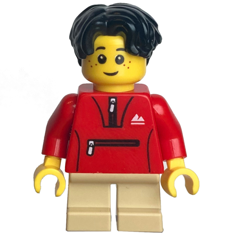 Lego Kid - Red Torso, Tan Legs, Black Hair