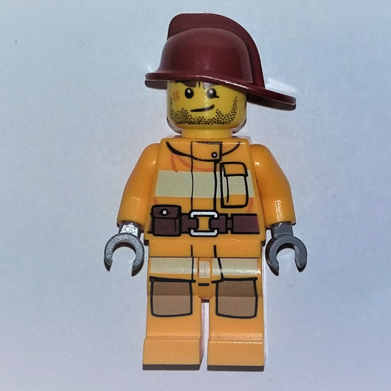 Lego Fireman, Bright Light Orange Fire Suit, Dark Red Helmet, Scar