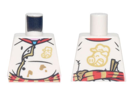 Lego Torso Chef Jacket with Red and Gold Striped Belt, Dark Tan Splotches, and Pigsy Logo Pattern