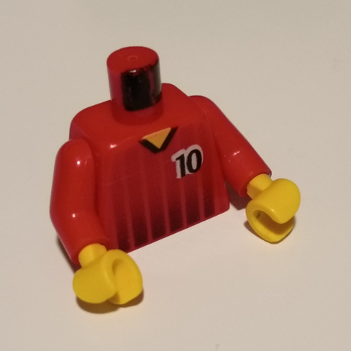 Lego Torso Soccer Shirt, Black Fading Stripes and '10' Front and Back Print, Red Arms, Yellow Hands / Red