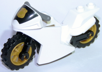 Lego Motorcycle Sport Bike with Black Windshield with Gold Badge Pattern, Black Frame, Pearl Gold Wheels and Dark Bluish Gray Handlebars