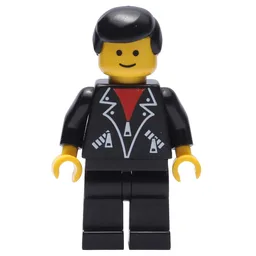 Man, Open Black Jacket over Red Shirt, Black Legs, Black Hair