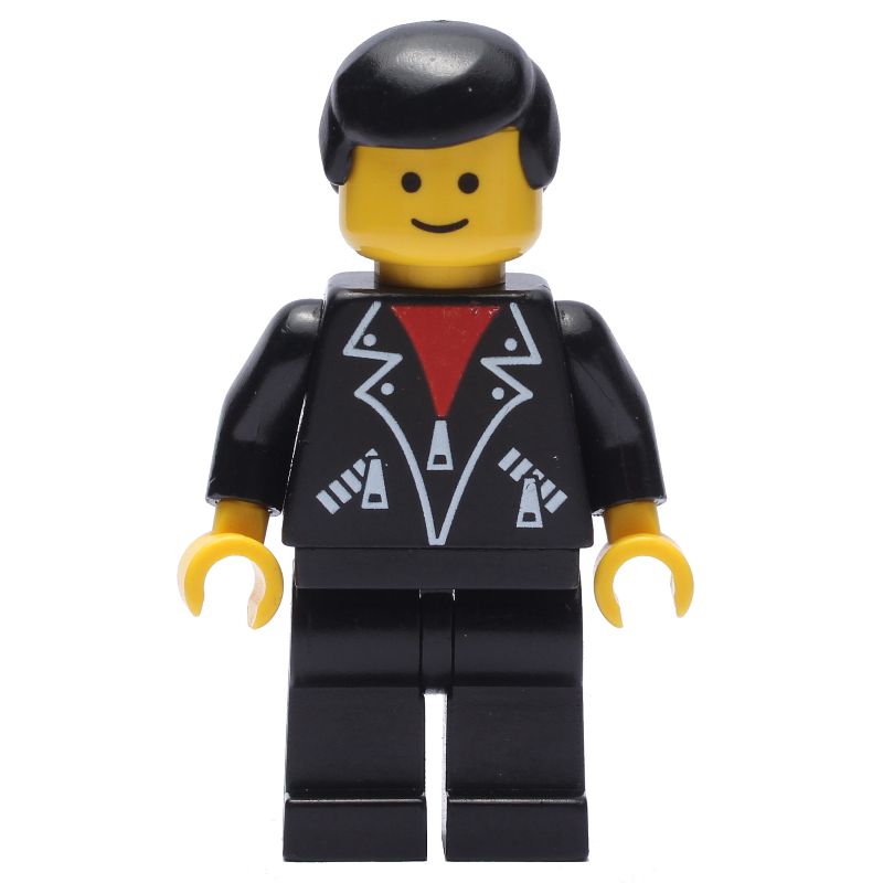 Lego Man, Open Black Jacket over Red Shirt, Black Legs, Black Hair
