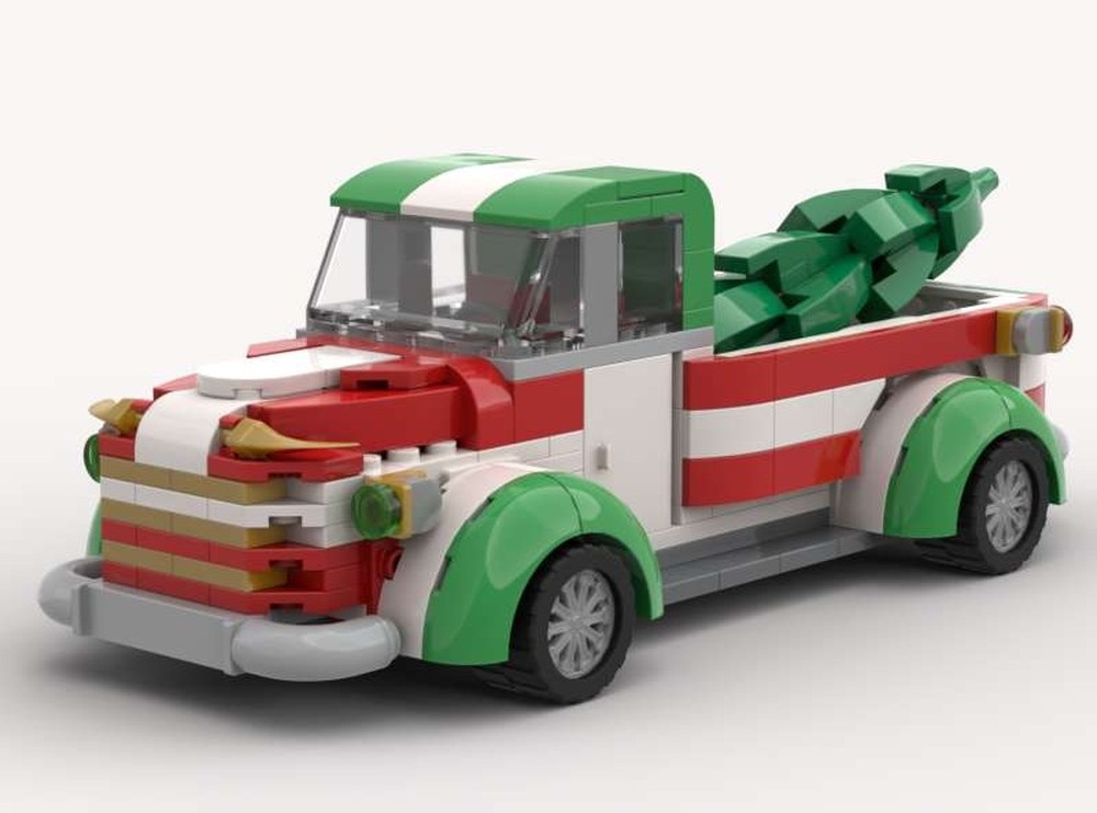 Lego Classic Christmas Pick-up - rounded fenders - Red & Green Candy Cane stripes – fresh cut pine tree