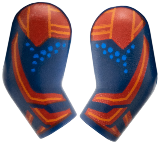 Lego Arm, (Matching Left and Right) Pair with Red Pauldron, Cuff, and Stripe, Orange Trim and Blue Dots Pattern / Dark Blue