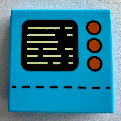 Lego Tile 2 x 2 with Black Screen, Orange Button print / Medium Azure