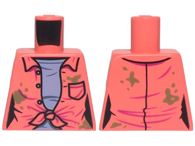 Lego Torso Female Open Shirt Tied with Buttons and Pocket over Bright Light Blue Shirt, Dark Tan Dirt Spots Pattern