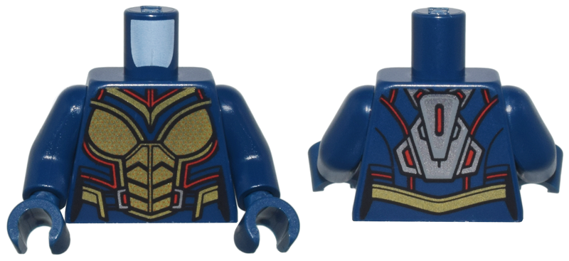 Lego Torso Female Armor with Gold Plates and Red Trim, Silver Jet Pack on Back Pattern / Dark Blue Arms / Dark Blue Hands