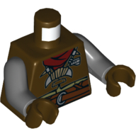 Lego Torso Jacket with Dark Red Scarf, Horn Necklace, Belt Print, Dark Bluish Gray Arms, Dark Brown Hands / Dark Brown