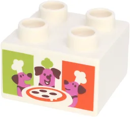 Duplo, Brick 2 x 2 with Pizza Box with Reddish Orange and Lime Rectangles and Dogs with Chef Toques Pattern