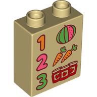 Lego Duplo Brick 1 x 2 x 2 with Bottom Tube with '1', '2', '3', Jam Jars, Carrots, and Watermelon Print / Tan