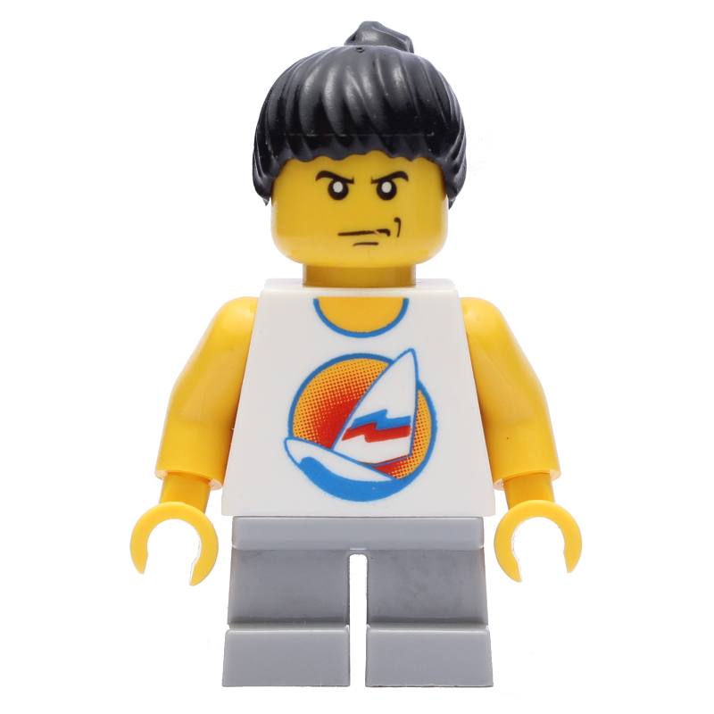 Lego Kid - White Torso, Light Blush Grey Legs, Black Hair