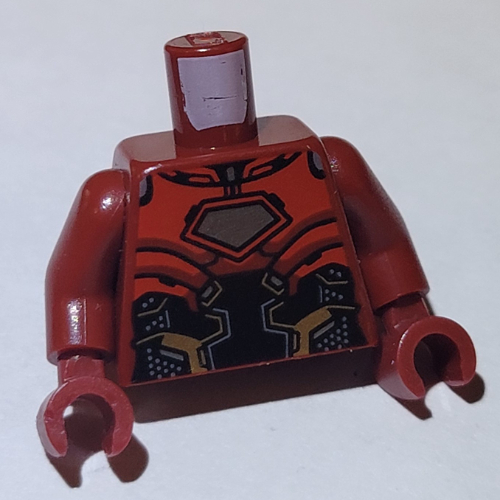Lego Torso, Red/Black Iron Man Armor, Gold Circuitry, Silver Arc Reactor print, Dark Red Arms and Hands / Dark Red
