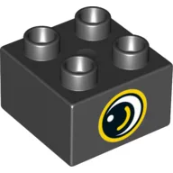 Duplo Brick 2 x 2 with Eye with Gold Outline, White Spot and Curve Print on Two Sides / Black