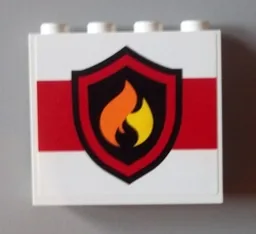 Panel 1 x 4 x 3 with Side Supports - Hollow Studs with Black and Yellow Fire Logo Badge on White Background Pattern (Sticker) - Set 60004 / 60110
