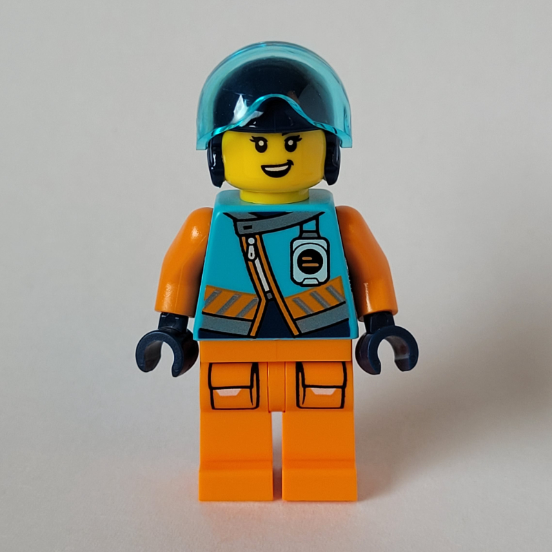 Lego Arctic Explorer Pilot, Iris Icicle, Medium Azure and Orange Suit, Dark Blue Helmet