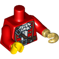 Lego Torso Pirate Captain Jacket with White Ruffled Shirt, Brown Belt and Shoulder Strap Print, Red Arms, Yellow Hand Right, Pearl Gold Hook Left / Red