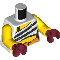 Lego Torso, Black/White Stripes Top, Orange Sash print, Yellow Arms, Dark Red Hands / White