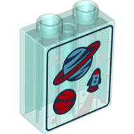 Lego Duplo Brick 1 x 2 x 2 with Planets, Stars & Spaceship on White Grid Print / Trans-Light Blue