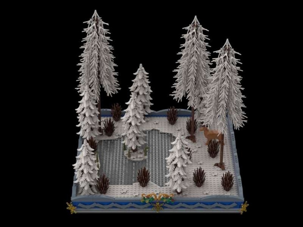 Lego Diorama of a wintery lake in a forest