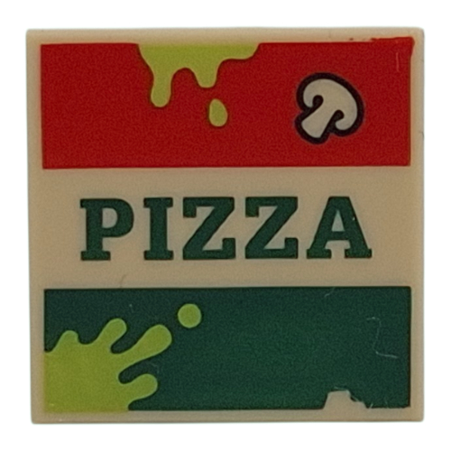 Lego Tile 2 x 2 with Pizza Box, Mushroom, Lime Splotches print / Tan