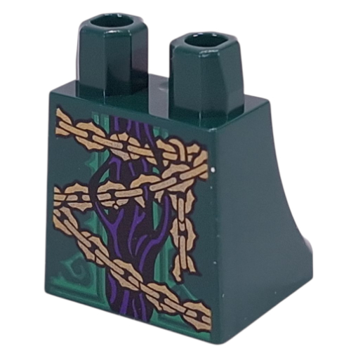 Lego Hips and Legs Under Dress/Robe with Dark Purple Lines/Vines, Gold Chain print / Dark Green