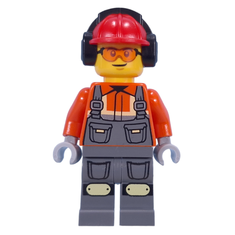Lego Construction Worker, Reddish Orange Jacket, Overall, Red Hard Hat with Ear Protection