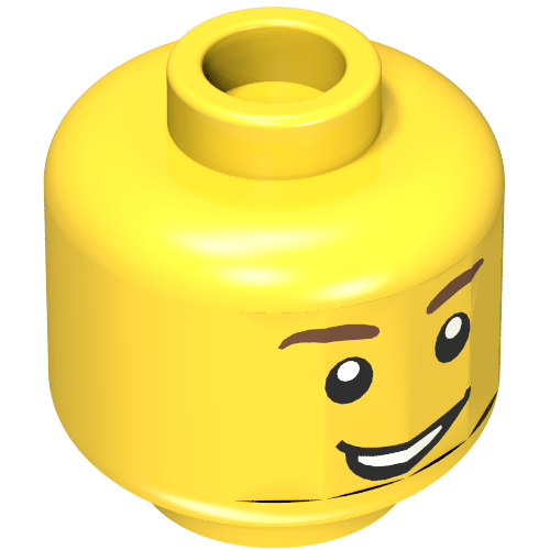 Lego Minifig Head Alfie the Apprentice / Knight, Brown Eyebrows, Open Lopsided Grin, White Pupils Print / Yellow