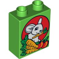 Lego Duplo Brick 1 x 2 x 2 with Bunny / Rabbit, Carrots, and Apples Print / Bright Green