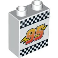 Duplo Brick 1 x 2 x 2 with Lightning Bolt, '95' and Checkered Flag Print / White