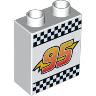 Lego Duplo Brick 1 x 2 x 2 with Lightning Bolt, '95' and Checkered Flag Print / White