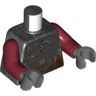 Lego Torso Armor, Silver Plates, Reddish brown Strap, Dark Tan Laces, Dark Brown Belt print, Dark Red Arms, Dark Bluish Gray Hands / Pearl Titanium
