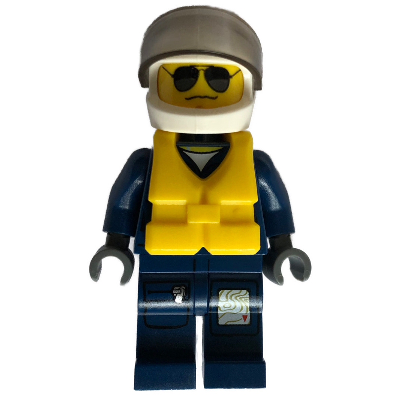 Lego Policeman, Dark Blue Jacket with Pockets and Badge, White Helmet with Visor, Yellow Life Vest, Sunglasses and Wavy Mouth