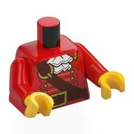 Lego Torso, Captain JAcket, Gold Buttons, Dark Brown Strap, Belt, White Ruffles print, Red Arms, Yellow Hands / Red