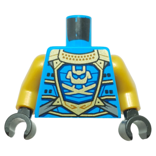 Lego Torso Armor, Gold Decorations, Face print, Pearl Gold Arms, Black Hands / Dark Azure