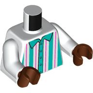 Lego Torso Shirt with Dark Pink and Dark Turquoise Vertical Stripes Print, White Arms, Reddish Brown Hands / White