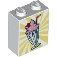 Lego Brick 1 x 2 x 2 with Inside Stud Holder with Sunday Ice Cream, Yellow Spirals print / White