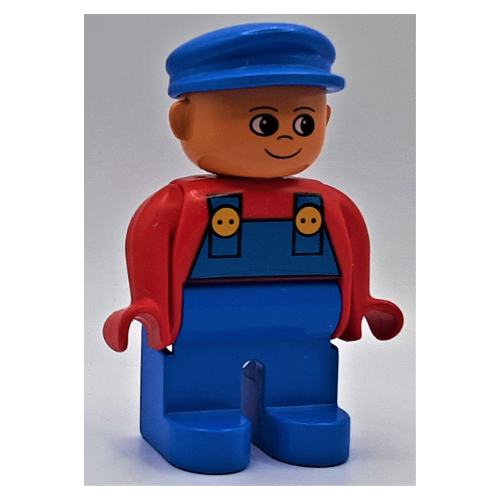 Lego Duplo Figure, Early, with Flat Cap Blue, Blue Legs, Blue Overalls, Turned Up Nose Print / Red