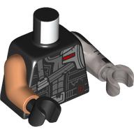 Lego Torso, Odd Arms and Hands, Space Suit, Silver Straps, Armor, Red Details print, Left Flat Silver Arm and Light Bluish Gray Hand, Right Nougat Arm and Black Hand / Black