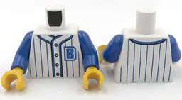 Torso Baseball Jersey with 4 Buttons, Blue Stripes, Trim and Capital Letter B Logo Pattern (BAM) / Blue Arms / Yellow Hands / White