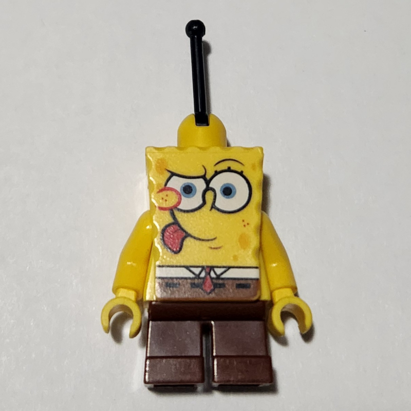 Lego SpongeBob Squarepants with Tongue Sticking Out and Lever on Head