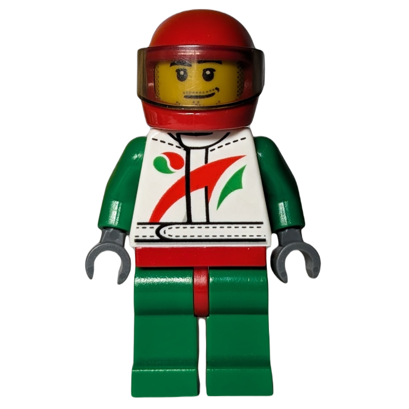 Lego Racer, White and Green Jumpsuit with Octan Logo, Red Helmet with Trans-Brown Visor
