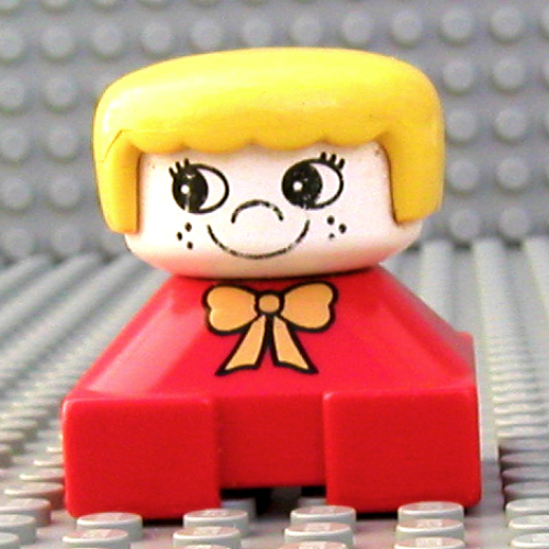 Lego Duplo 2 x 2 x 2 Figure Brick, Rounded Bangs, White Head, Yellow Hair, Yellow Bow, Freckles Print / Red