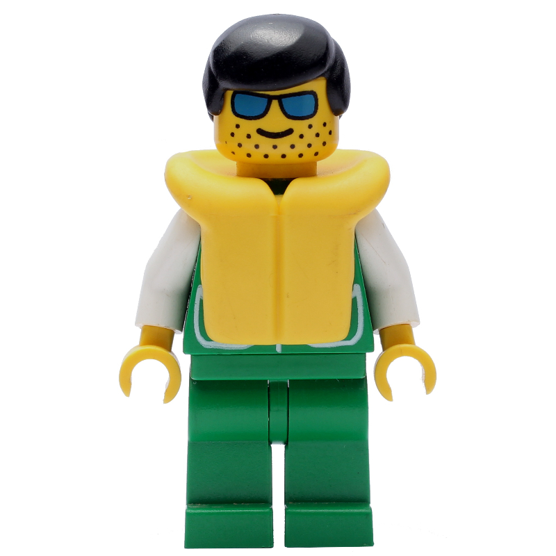 Lego Man, Green Jacket, Green Legs, Black Hair, Yellow Life Vest, Sunglasses