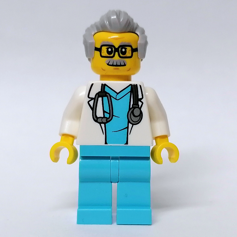 Lego Doctor, White Coat, Medium Azure Scrubs, Light Bluish Gray Hair, Glasses