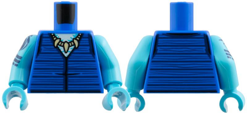 Lego Torso Vest with Dark Blue Stripes, Medium Azure and White Neck, Tan Shark Tooth Necklace Pattern / Medium Azure Arm Left / Medium Azure Arm Right with Dark Blue Arlong Tattoo and Stripes Pattern / Medium Azure Hands