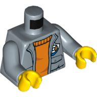 Lego Torso Jacket, Open over Orange Sweater, Pockets, Coast Guard Logo Badge Print, Sand Blue Arms, Yellow Hands / Sand Blue