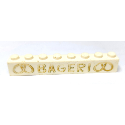 Lego Brick 1 x 8 without Bottom Tubes with Cross Side Supports with 'BAGERI' and 2 Pretzels Large Gold Print / White